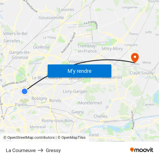 La Courneuve to Gressy map