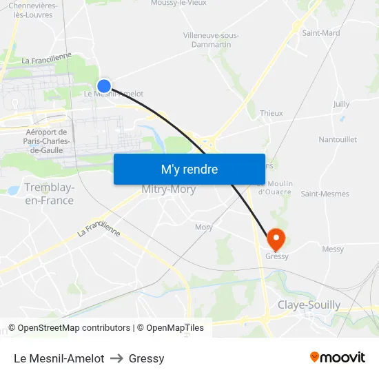 Le Mesnil-Amelot to Gressy map