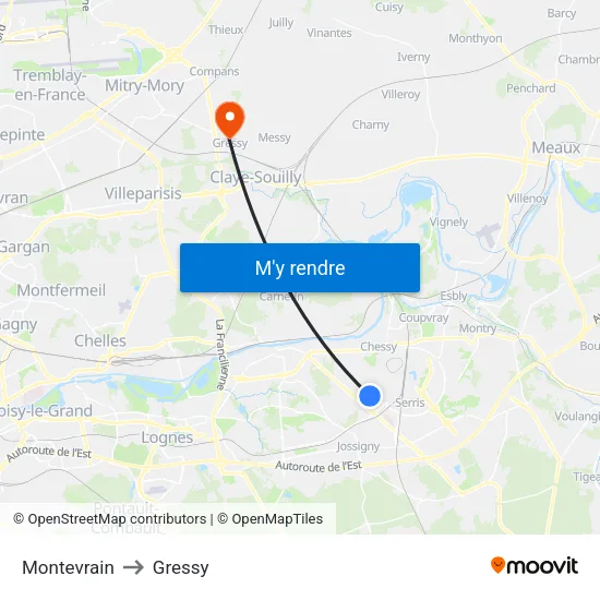 Montevrain to Gressy map