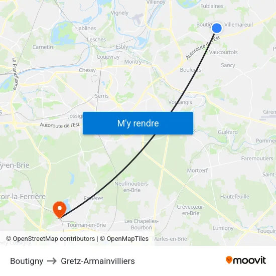 Boutigny to Gretz-Armainvilliers map