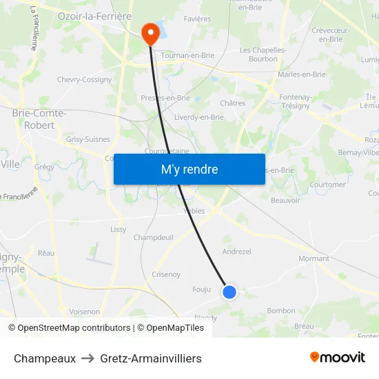 Champeaux to Gretz-Armainvilliers map