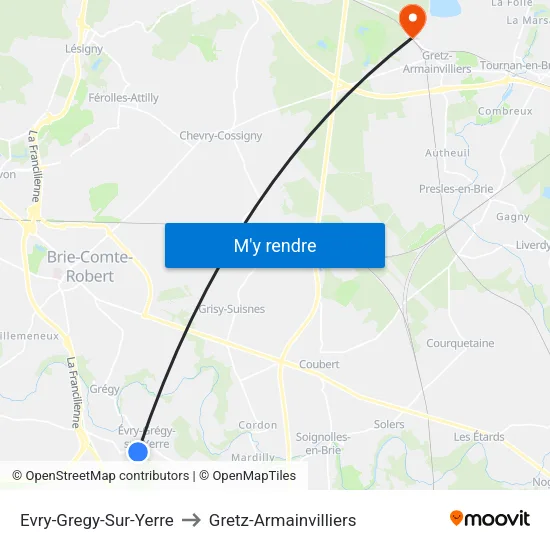 Evry-Gregy-Sur-Yerre to Gretz-Armainvilliers map