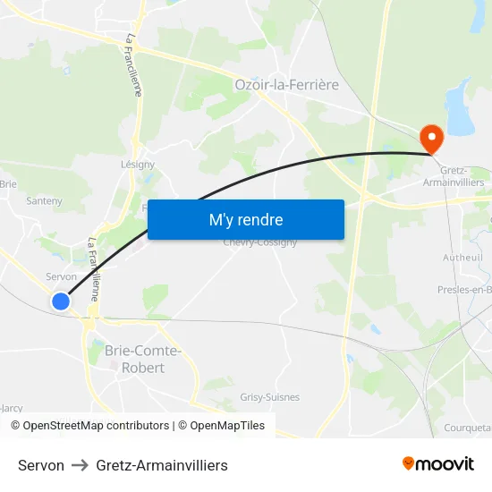 Servon to Gretz-Armainvilliers map