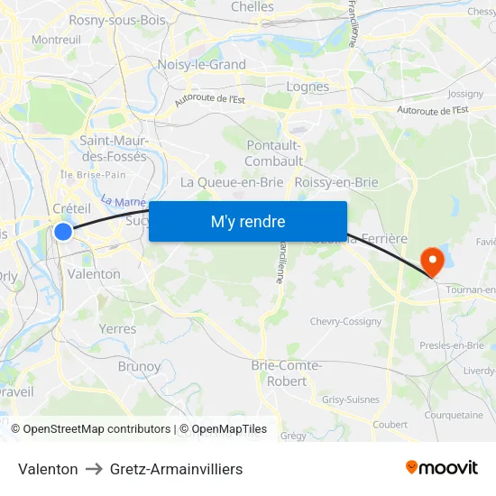 Valenton to Gretz-Armainvilliers map