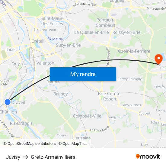 Juvisy to Gretz-Armainvilliers map