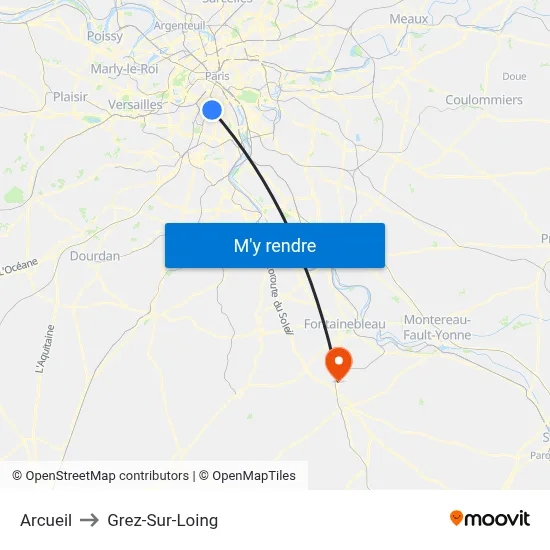 Arcueil to Grez-Sur-Loing map