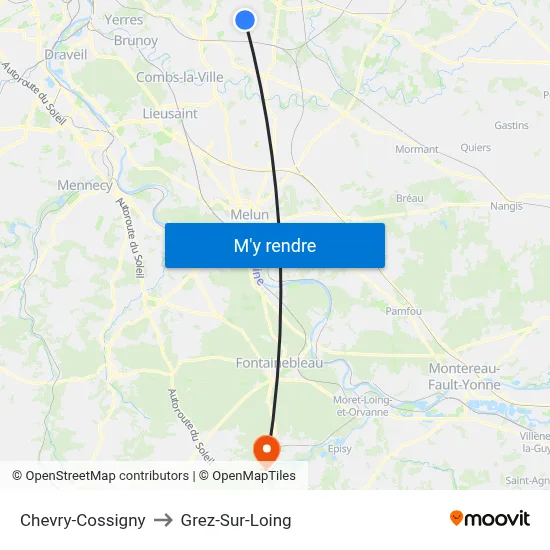 Chevry-Cossigny to Grez-Sur-Loing map
