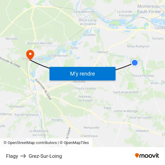 Flagy to Grez-Sur-Loing map
