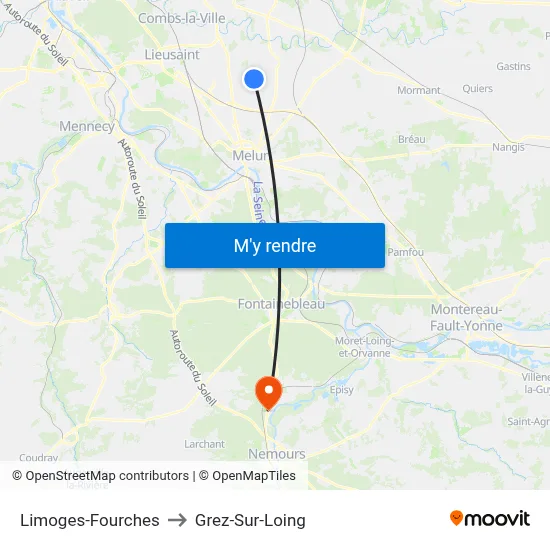 Limoges-Fourches to Grez-Sur-Loing map