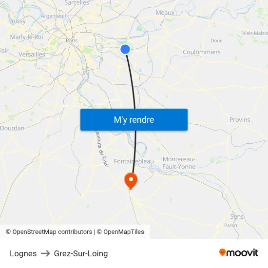 Lognes to Grez-Sur-Loing map