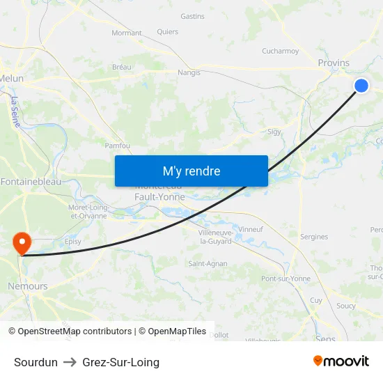 Sourdun to Grez-Sur-Loing map