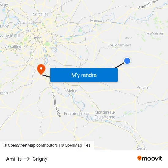 Amillis to Grigny map