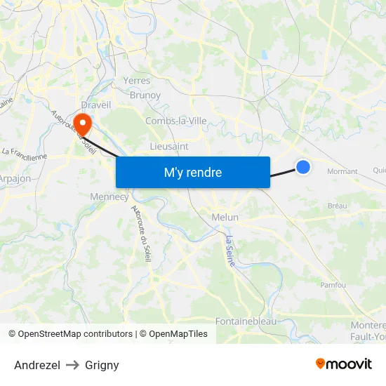 Andrezel to Grigny map