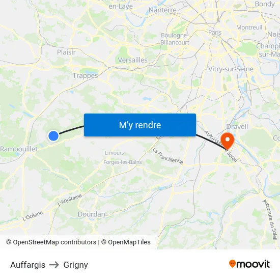 Auffargis to Grigny map