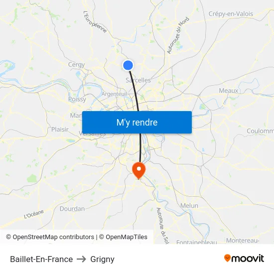 Baillet-En-France to Grigny map