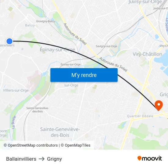 Ballainvilliers to Grigny map