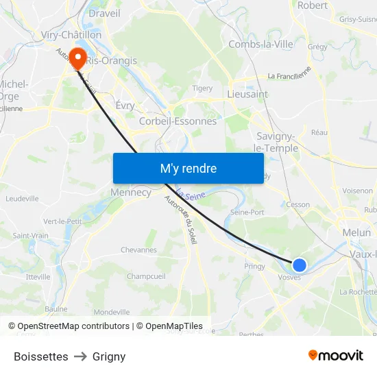 Boissettes to Grigny map
