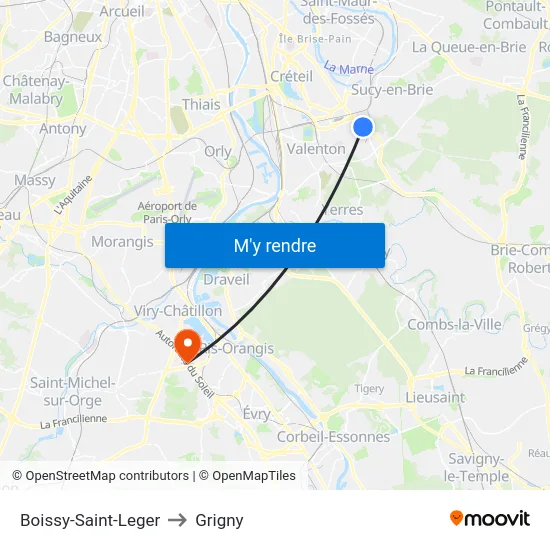 Boissy-Saint-Leger to Grigny map