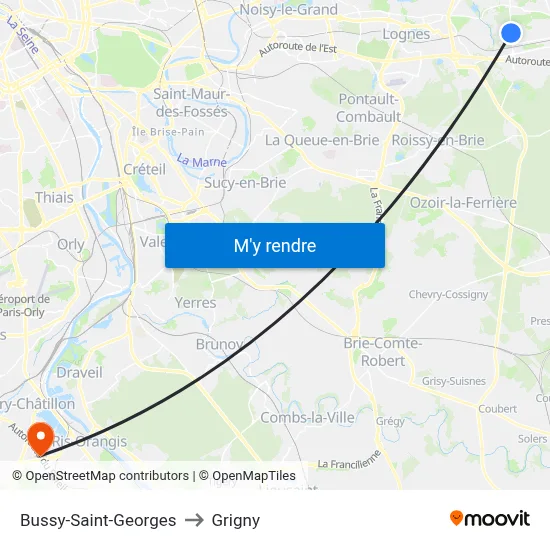 Bussy-Saint-Georges to Grigny map