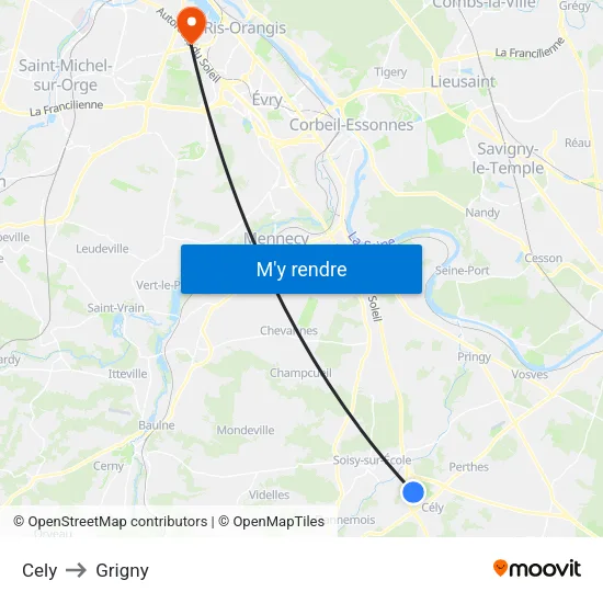 Cely to Grigny map