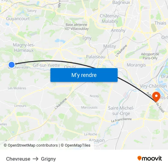 Chevreuse to Grigny map