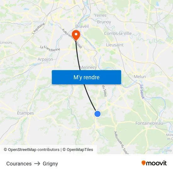 Courances to Grigny map