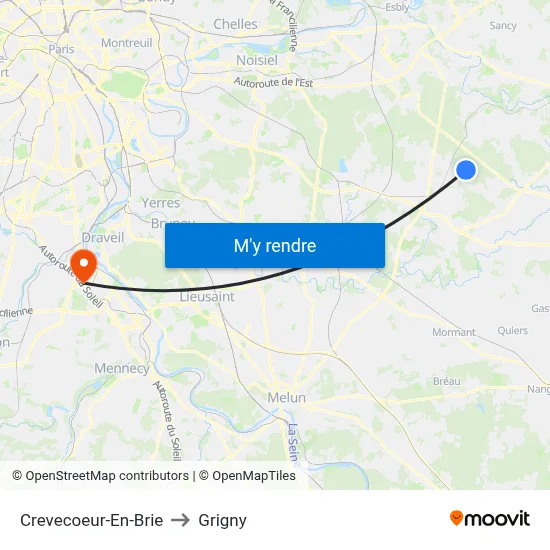 Crevecoeur-En-Brie to Grigny map