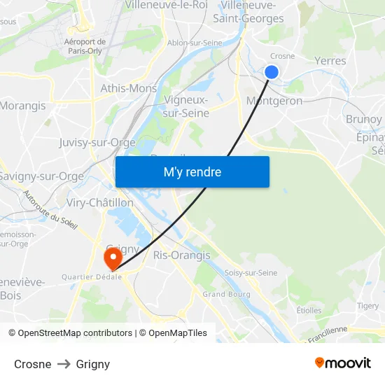 Crosne to Grigny map
