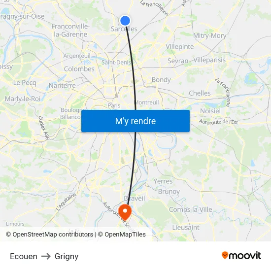 Ecouen to Grigny map