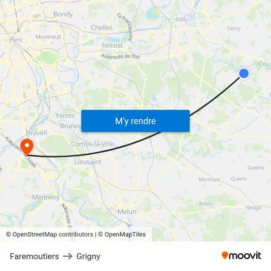 Faremoutiers to Grigny map