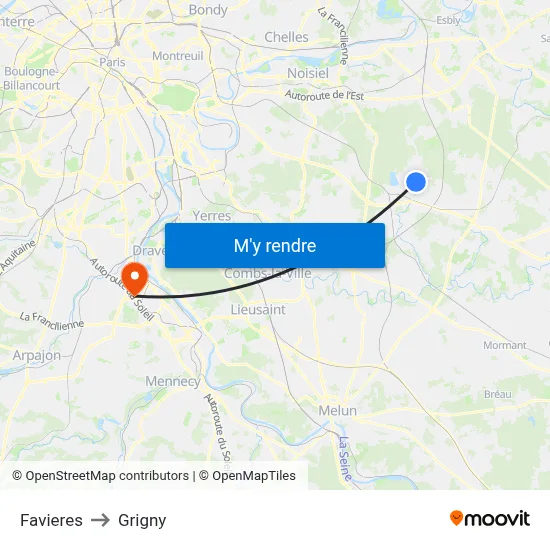 Favieres to Grigny map