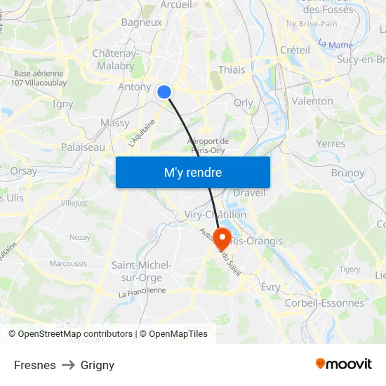 Fresnes to Grigny map