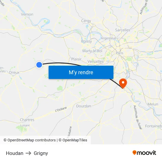 Houdan to Grigny map