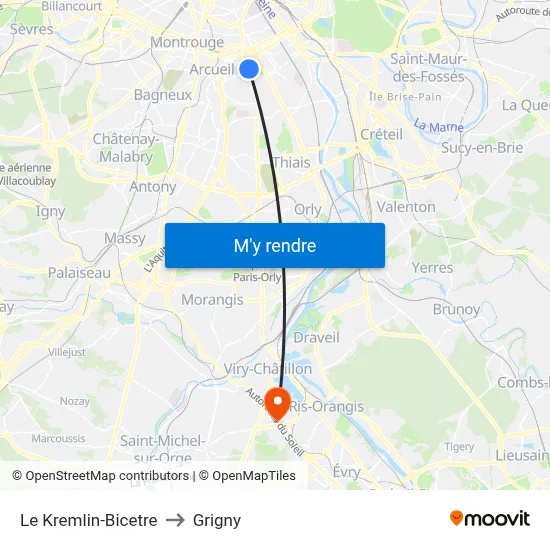 Le Kremlin-Bicetre to Grigny map