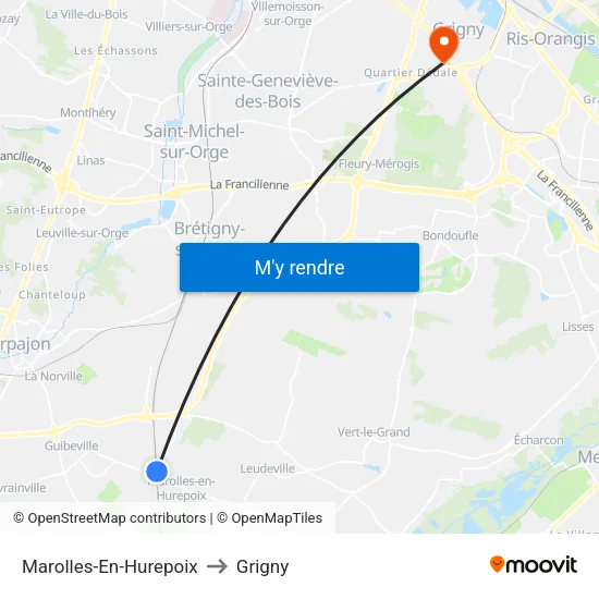Marolles-En-Hurepoix to Grigny map