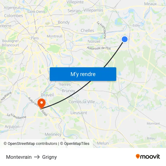 Montevrain to Grigny map