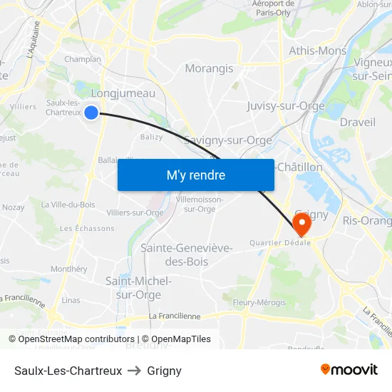 Saulx-Les-Chartreux to Grigny map