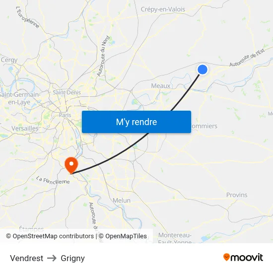 Vendrest to Grigny map