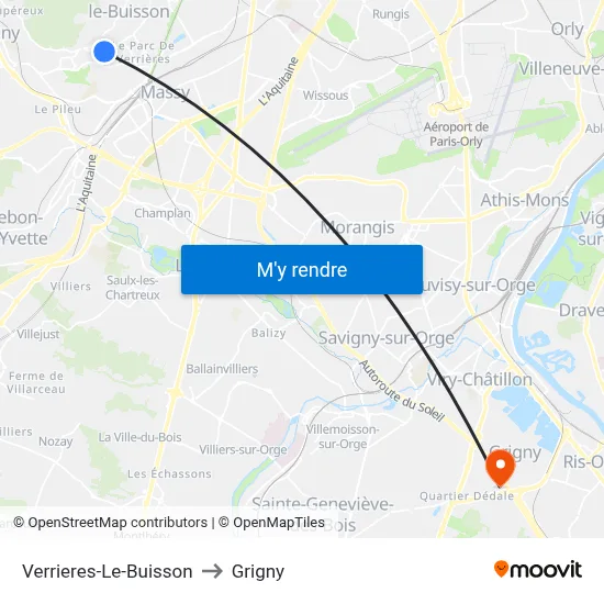Verrieres-Le-Buisson to Grigny map