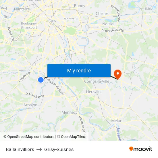 Ballainvilliers to Grisy-Suisnes map
