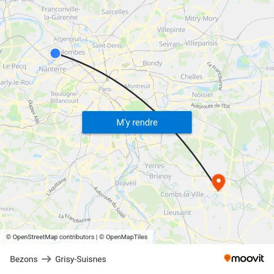 Bezons to Grisy-Suisnes map