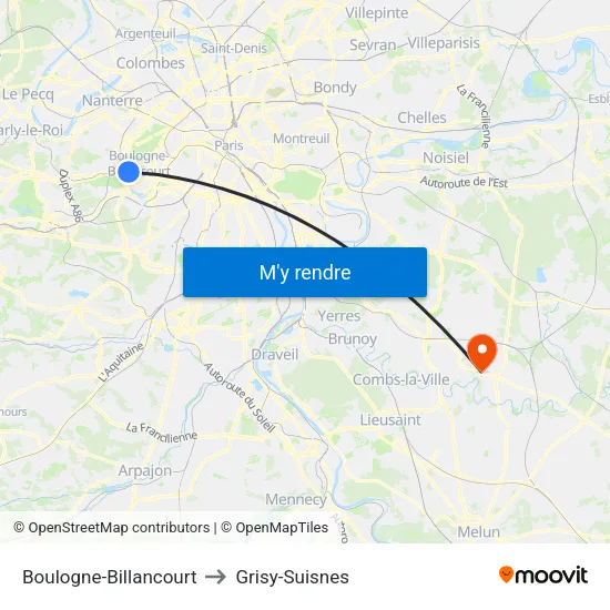 Boulogne-Billancourt to Grisy-Suisnes map