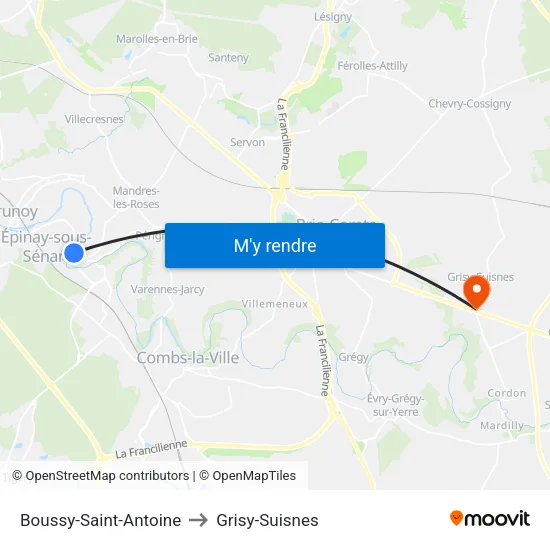 Boussy-Saint-Antoine to Grisy-Suisnes map
