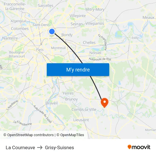 La Courneuve to Grisy-Suisnes map