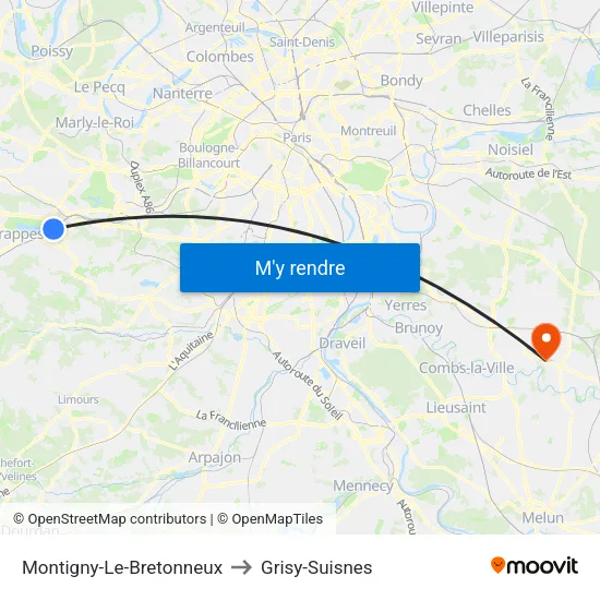 Montigny-Le-Bretonneux to Grisy-Suisnes map