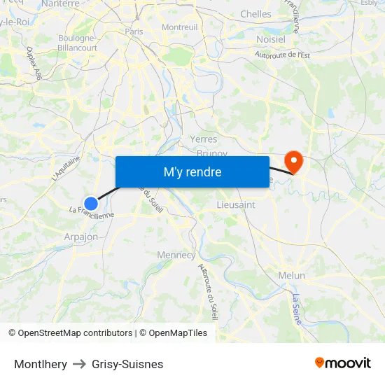 Montlhery to Grisy-Suisnes map