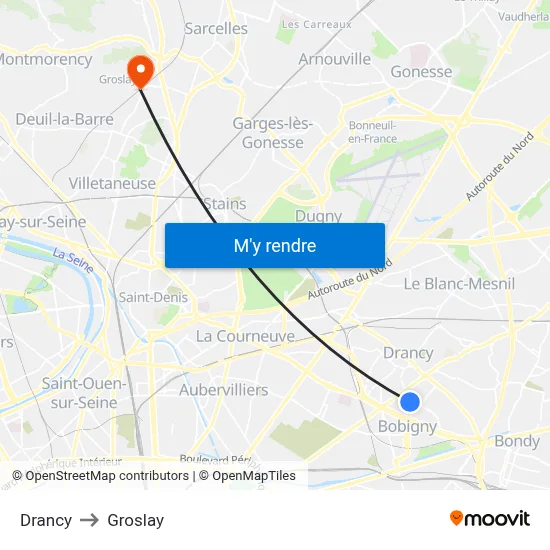 Drancy to Groslay map