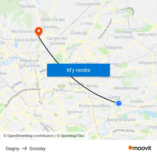 Gagny to Groslay map