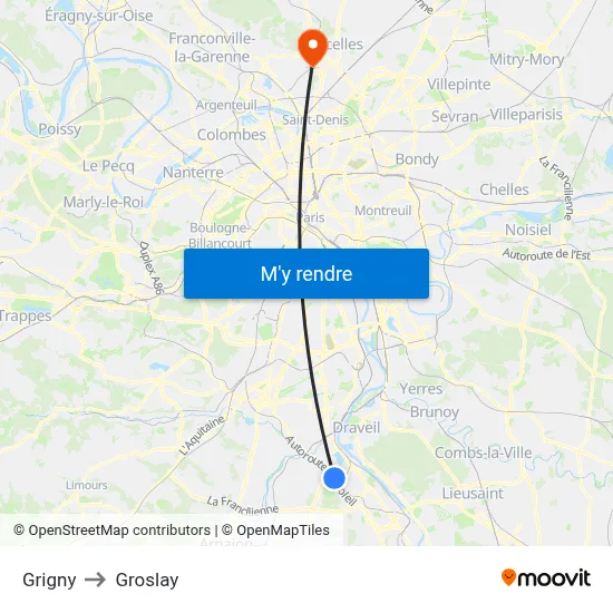 Grigny to Groslay map