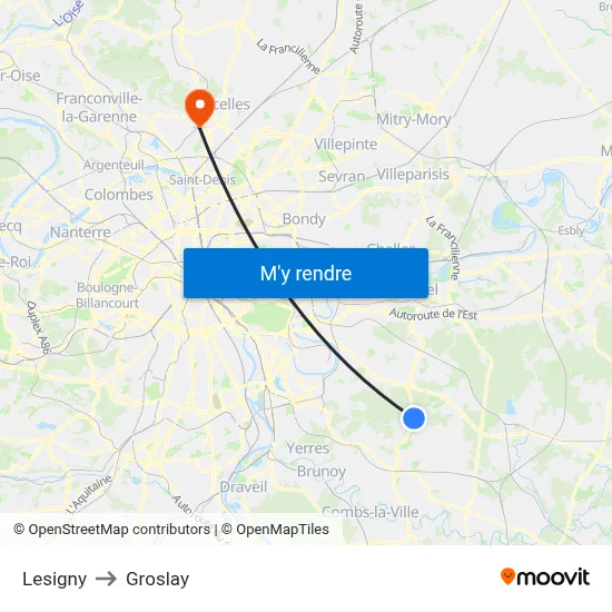 Lesigny to Groslay map